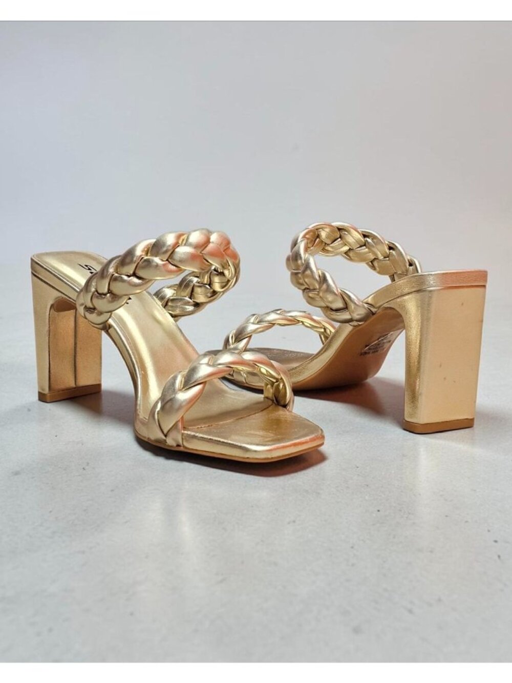 Braided Metallic Gold Block Heel Sandals Open Toe Square Toe Design Womens Shoes